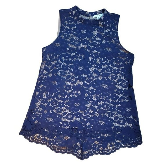 Rose and Olive Navy Blue Women's Sleeveless Blue Floral Lace Top Size Medium - Picture 1 of 3